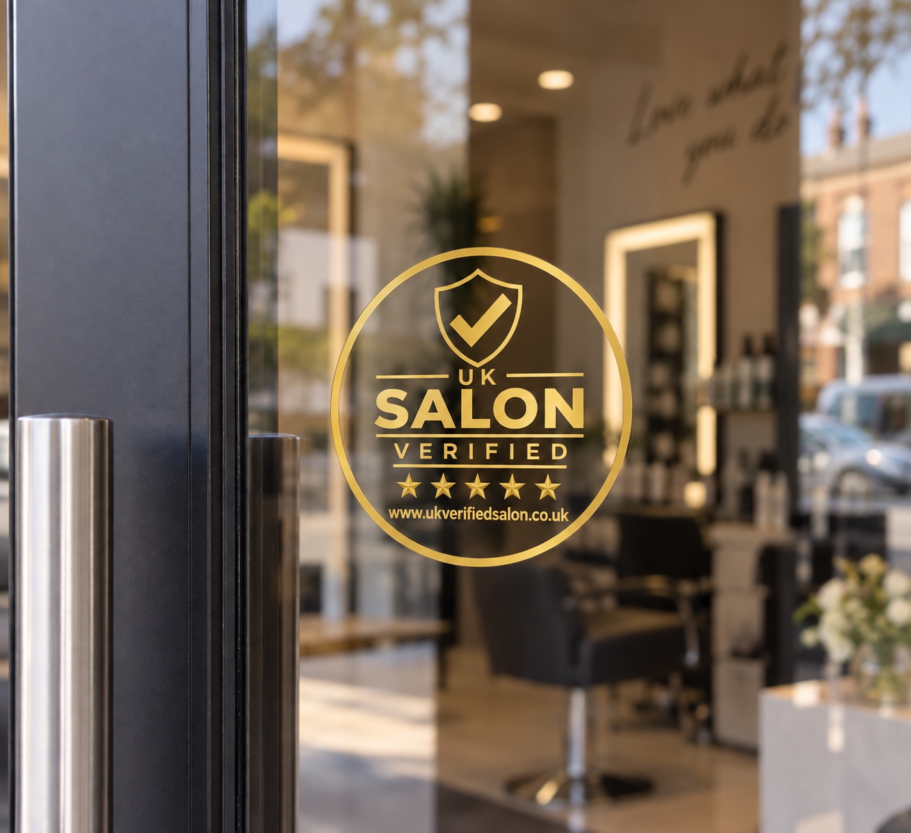 Gold UK Salon Verified window decal displayed at a salon entrance