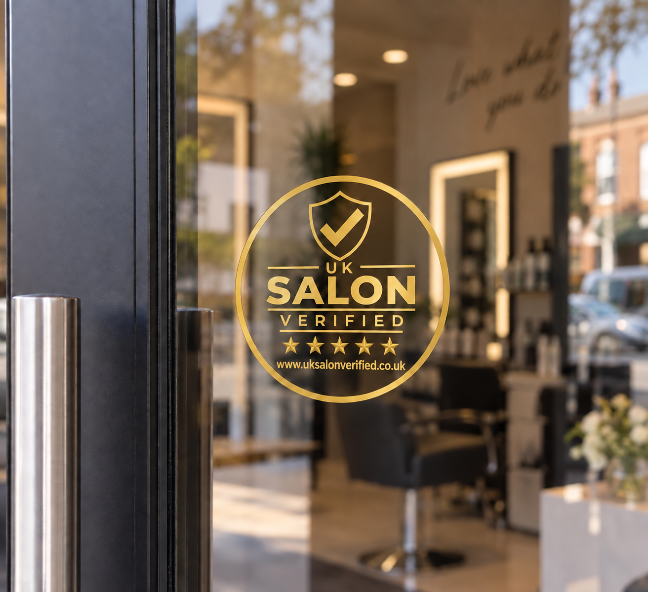 Gold UK Salon Verified window decal displayed at a salon entrance